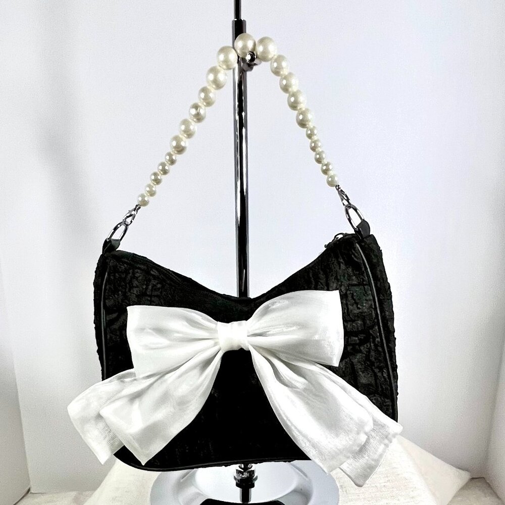 Black Satin Evening Bag with White Bow & Pearl Handle Romantic Coquette Style